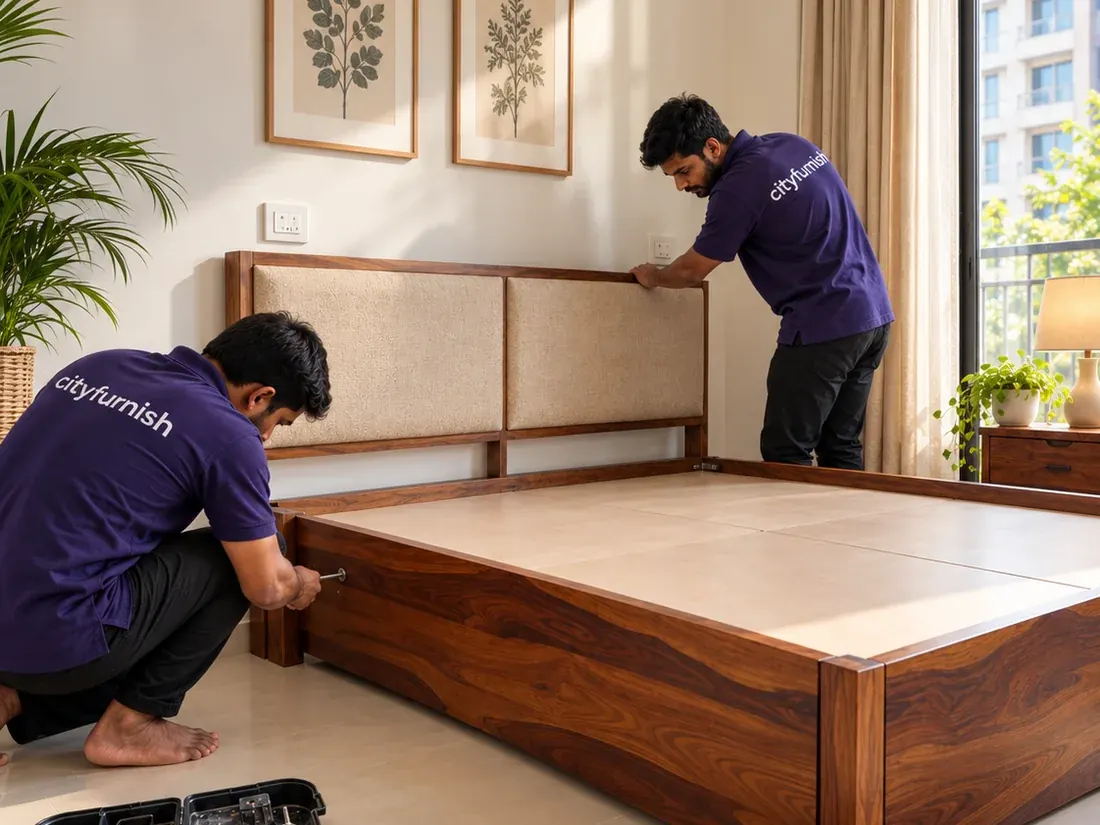 Cityfurnish crew assembling a sheesham wood bed in a customer's home