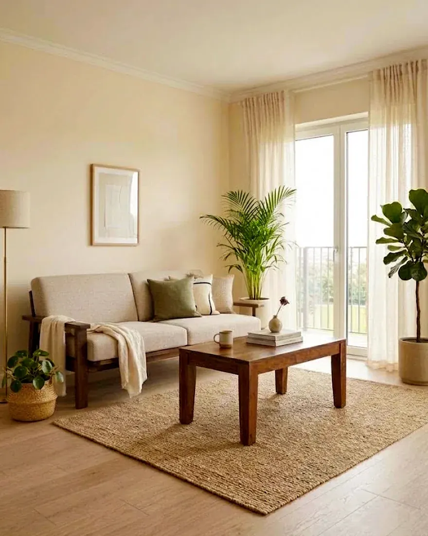 A living room furnished with Cityfurnish sheesham wood sofa and coffee table