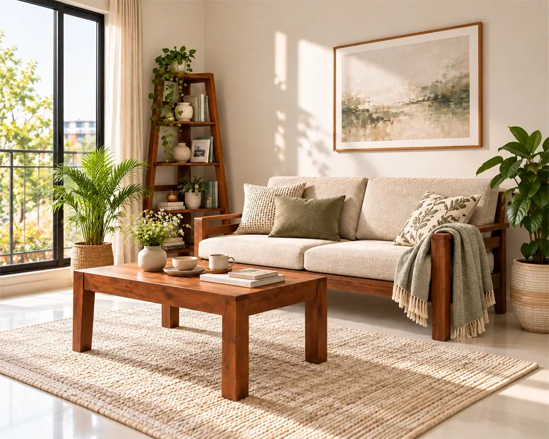 A warm, furnished living room with solid-wood furniture