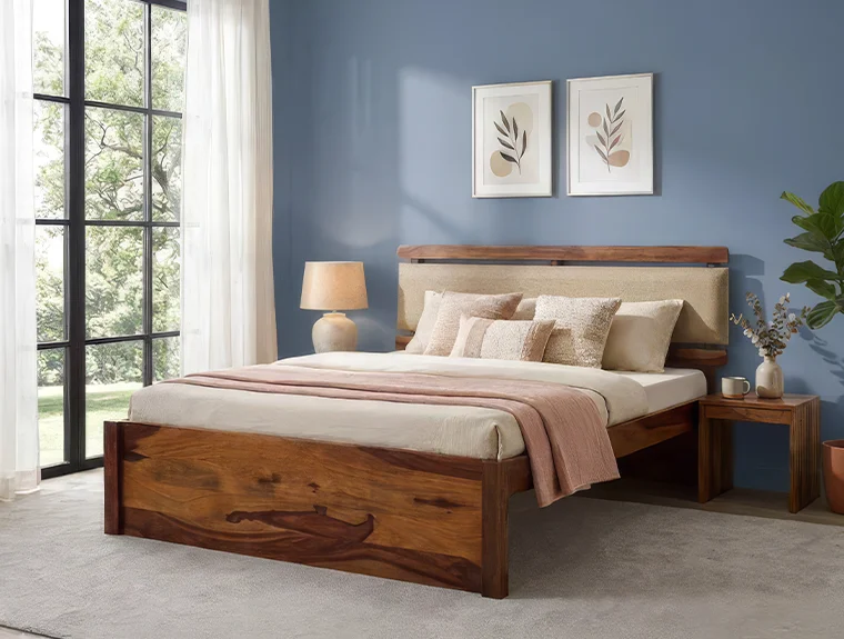 Premium solid-wood bed styled in a modern bedroom