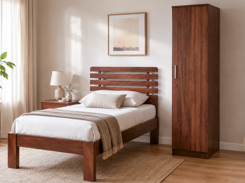Alexa Solid Wood Single Bed with 4 Inches Mattress Rio Engineered Wood Wardrobe