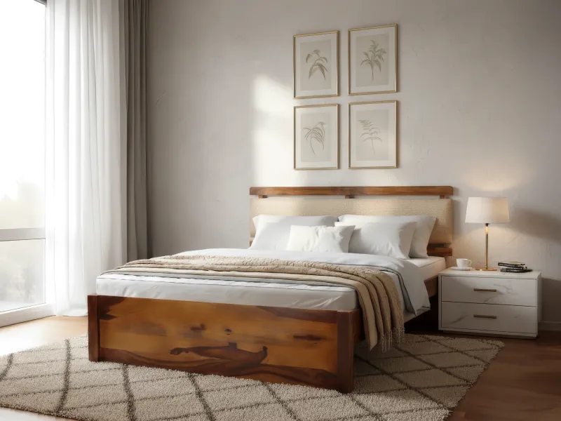 Belle Solid Wood Queen Size Double Bed with 4 Inches Mattress