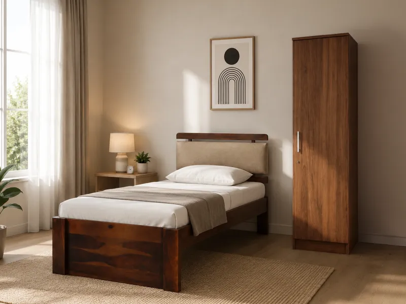 Belle Solid Wood Single Bed with 4 Inches Mattress Rio Engineered Wood Wardobe