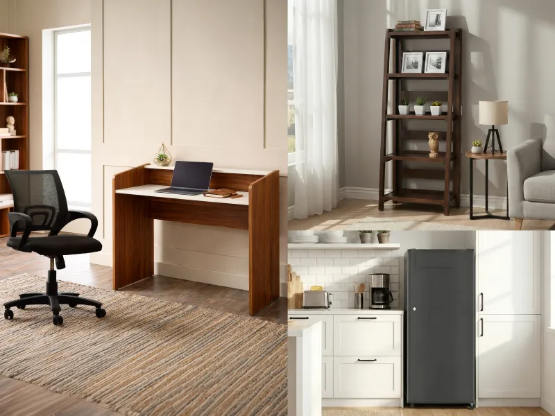 Luna Study Essentials Combo with Office Chair, Hugo Bookshelf And Single Door Fridge
