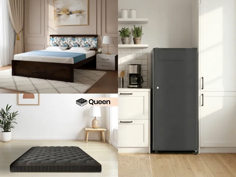 Mosaic Queen Size Bed with Mattress Queen-(78 x 60 x 4 inches) and Fridge-Single Door