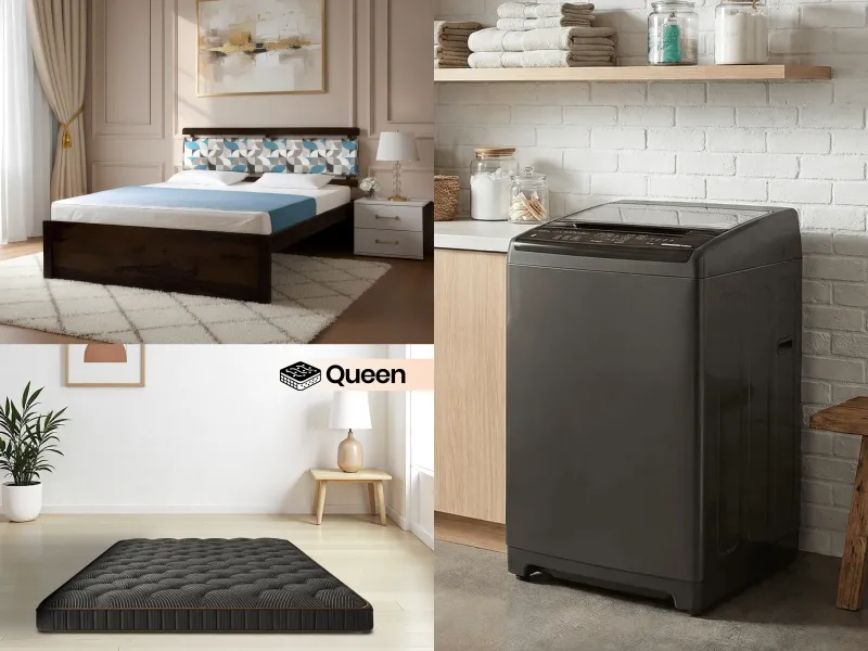 Mosaic Queen Size Bed with Mattress Queen-(78 x 60 x 4 inches) and Washing Machine Top Load