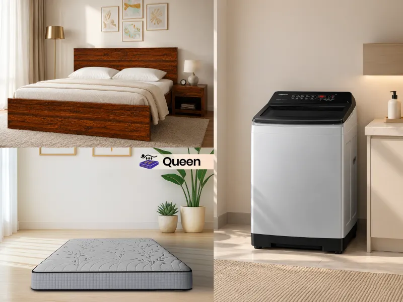 Rio Queen Bed with Latex Foam Mattress and Samsung Washing Machine