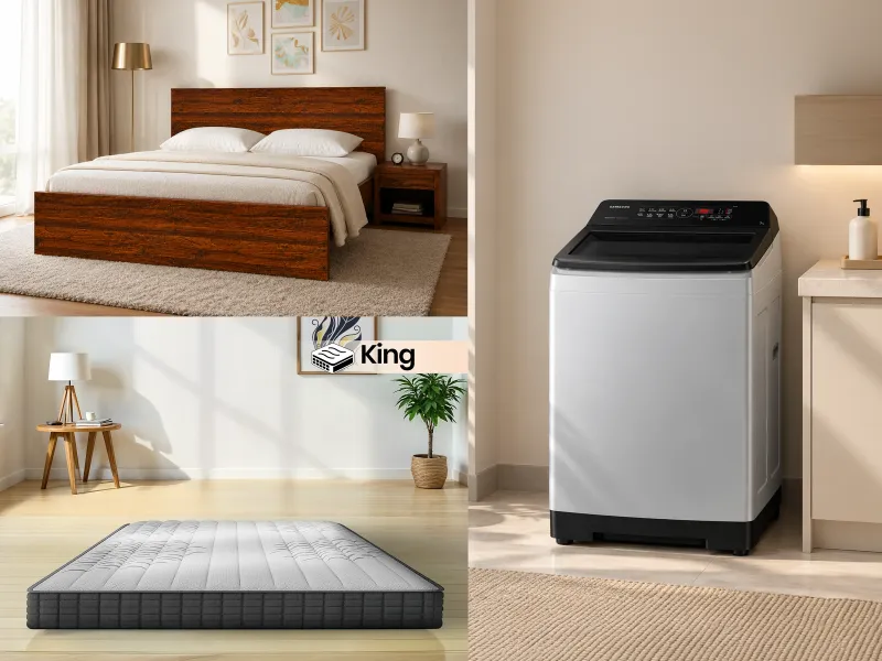 Rio King Bed with Memory Foam Mattress and Samsung Washing Machine