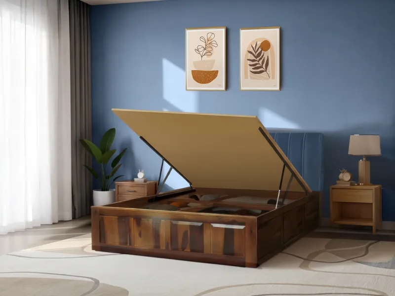 Regal Queen Hydraulic Storage Bed in Navy Blue Leatherite
