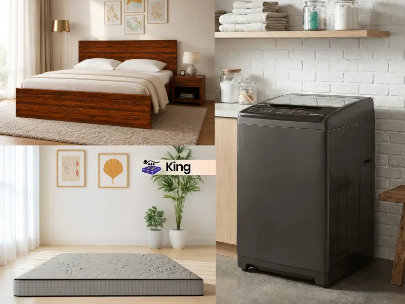 Rio Engineered Wood King Bed with Storage With Mattress King Latex Foam (78 x 72 x 6 inches) Washing Machine Fully Automatic Top Load