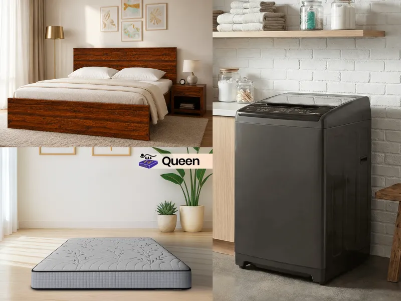 Rio Engineered Wood Queen Bed with Storage With Mattress Queen Latex Foam (78 x 60 x 6 inches) Washing Machine Fully Automatic Top Load