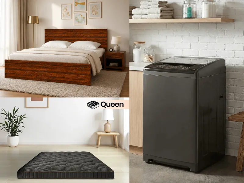 Rio Queen Bed with Storage, Premium Foam Mattress & Fully Automatic Top Load Washing Machine