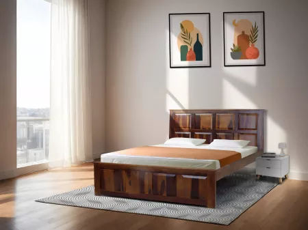 Alexa Solid Wood Queen Size Double Bed with 4 Inches Mattress