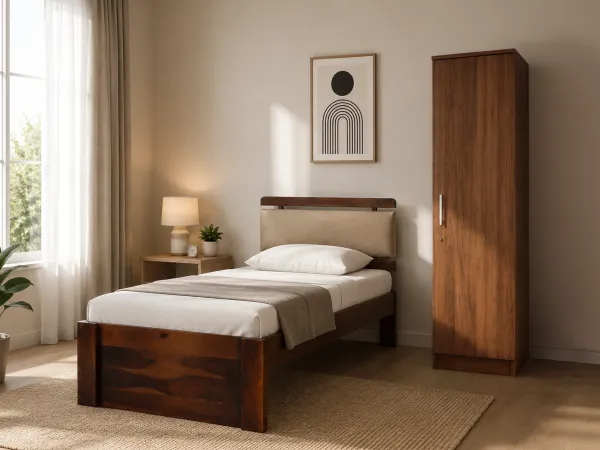 Belle Solid Wood Single Bed with 4 Inches Mattress Rio Engineered Wood Wardobe