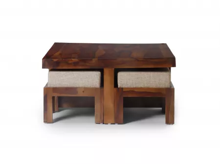 Belle Solid Wood Coffee Table with 4 Stools
