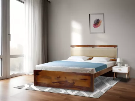 Belle Solid Wood Queen Size Double Bed with 4 Inches Mattress