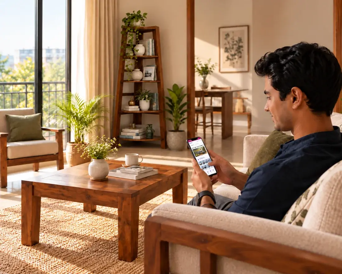 A person browsing furniture options on their phone