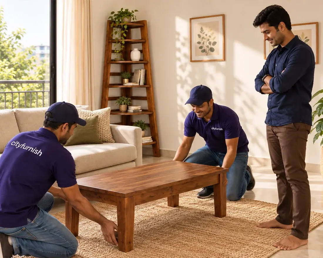 A delivery team setting up wooden furniture at home